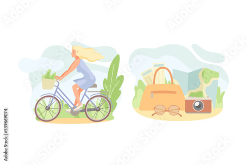 Blond Woman Riding Bicycle and Travel Bag with Map and Camera Vector Set