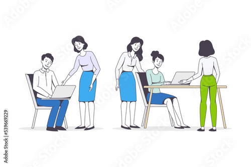 Successful Team with Man and Woman Office Employee Working Together Vector Set