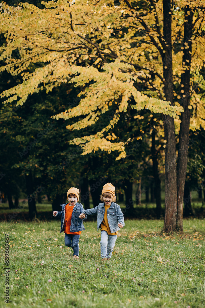 Fototapeta premium Two boys brothers running in an autumn park