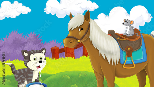 cartoon farm scene with horse stallion illustration