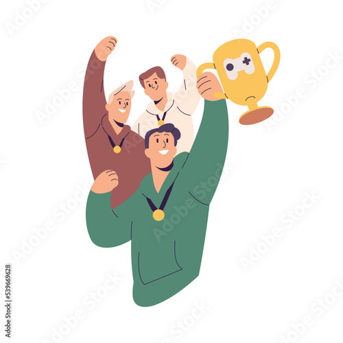 Esport team with goblet. Cybersport players winners celebrate victory in e-sport tournament. Gamers leaders win video games championship. Flat graphic vector illustration isolated on white background