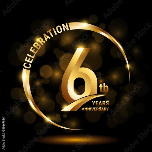 6th Anniversary Logo, Template design for anniversary celebration with golden ring and text, vector illustration