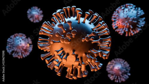 Illustration of virus cells, visualization of a viral infection, coronavirus covid-19 monkeypox isolated on background with copy space for text photo