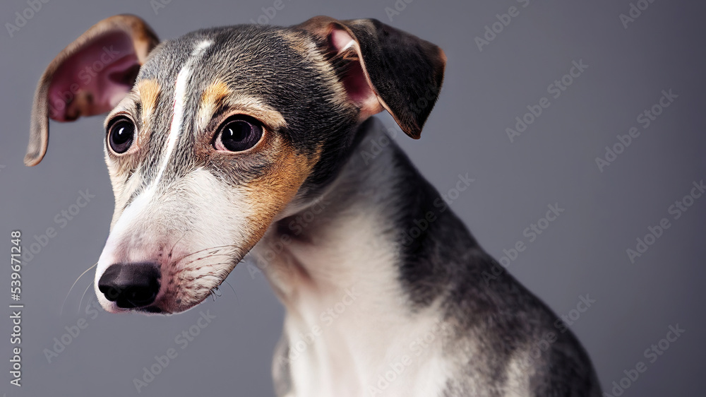Portrait of cute baby greyhound puppy dog in studio
