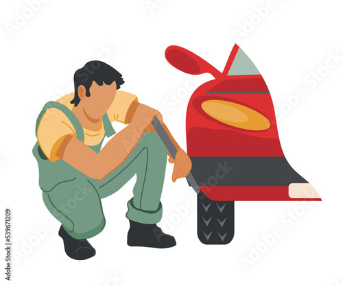 Tire fitter changes or repairs car wheels. Tire shop and service banner template.