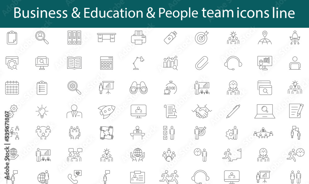 People Icons Line Work Group. Team Business. Education, leadership line icons. Linear set : team, presentation, partnership, leadership. Vector