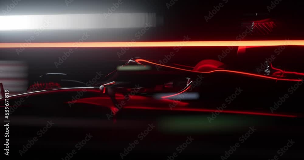 TRACKING shot of a modern generic sports racing car driving fast on a track with bright lights. Realistic 3d rendering