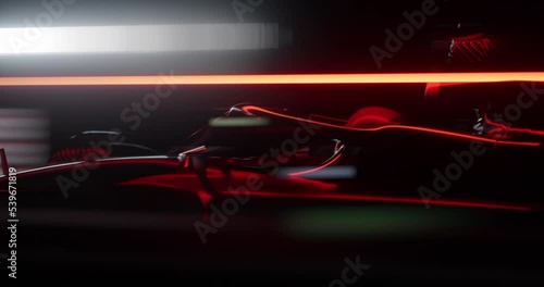 TRACKING shot of a modern generic sports racing car driving fast on a track with bright lights. Realistic 3d rendering photo
