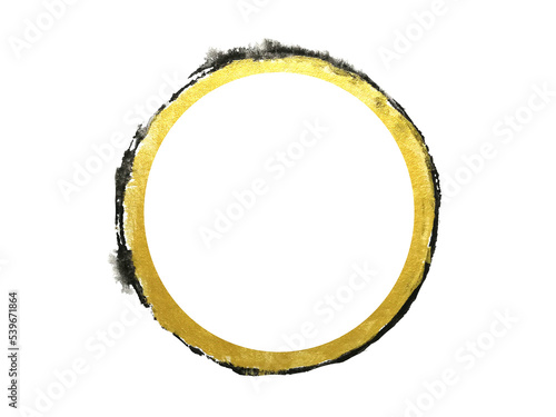 watercolor painting circle golden and black abstract hand drawn. png background. asian style.	