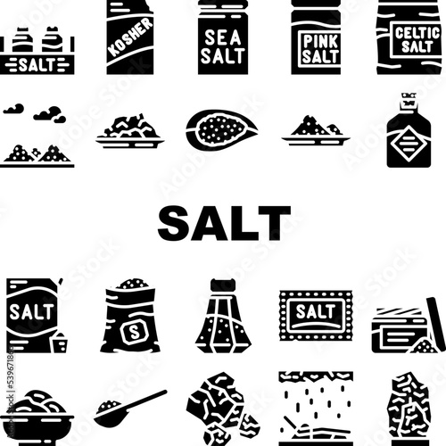 salt sea food crystal powder icons set vector. spice white, sodium seasoning, bowl mineral pile, shaker, cooking salty ingredient salt sea food crystal powder glyph pictogram Illustrations