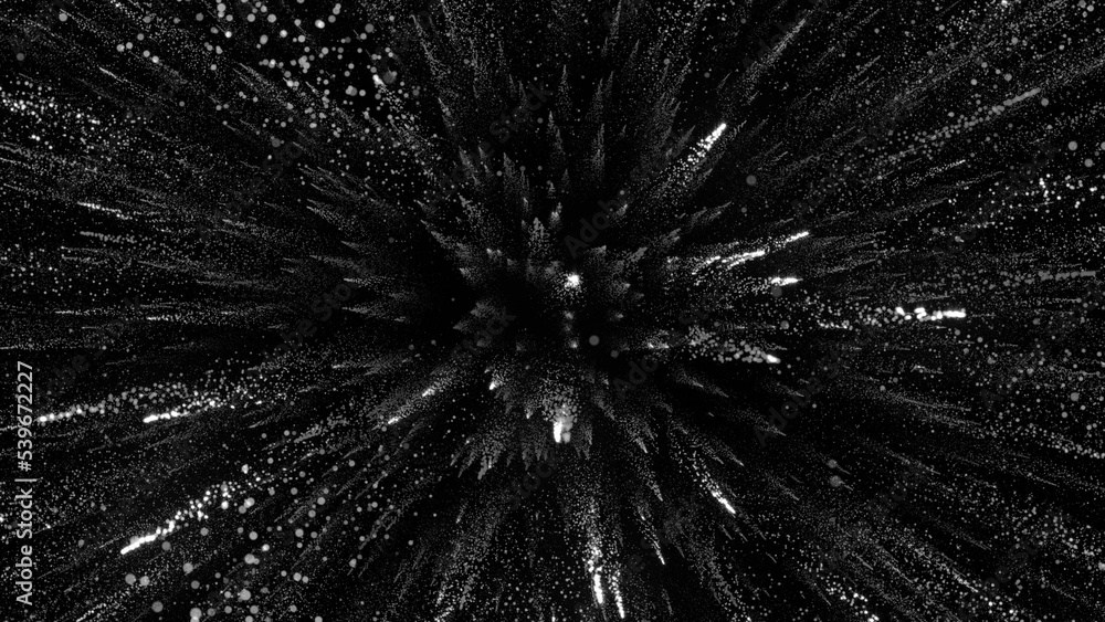 3D rendering of bright particles fill the space with jets of energy and light 3D rendering of bright particles fill the space with jets of energy and light