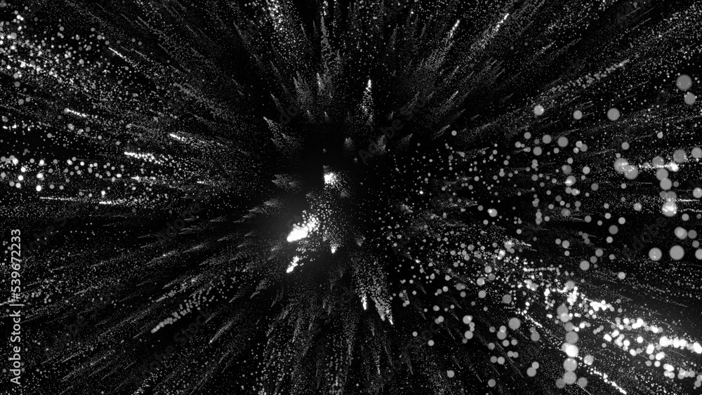 3D rendering of bright particles fill the space with jets of energy and light 3D rendering of bright particles fill the space with jets of energy and light