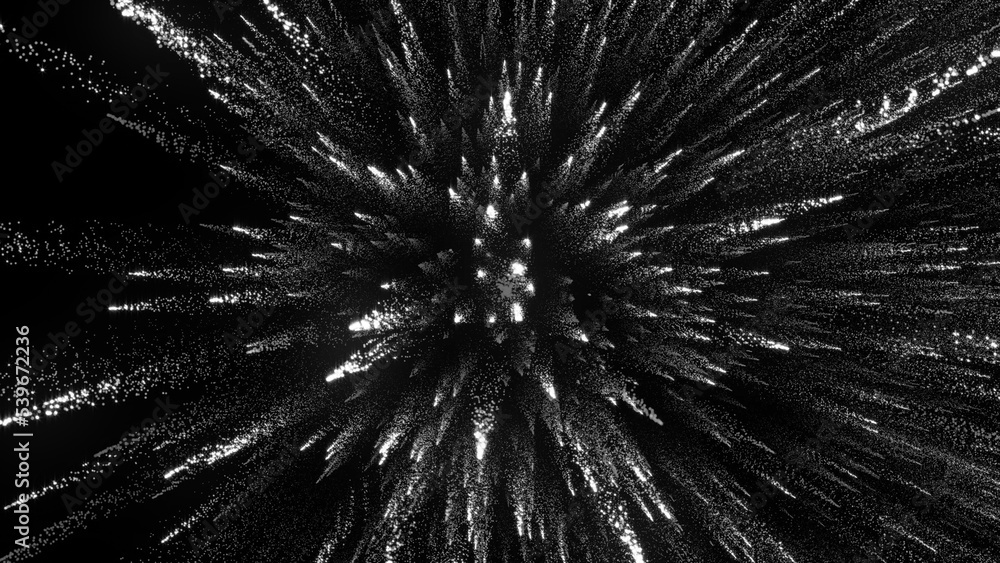 3D rendering of bright particles fill the space with jets of energy and light 3D rendering of bright particles fill the space with jets of energy and light