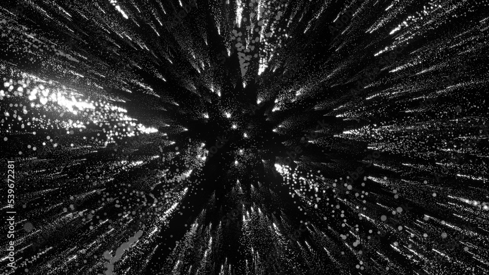 3D rendering of bright particles fill the space with jets of energy and light 3D rendering of bright particles fill the space with jets of energy and light