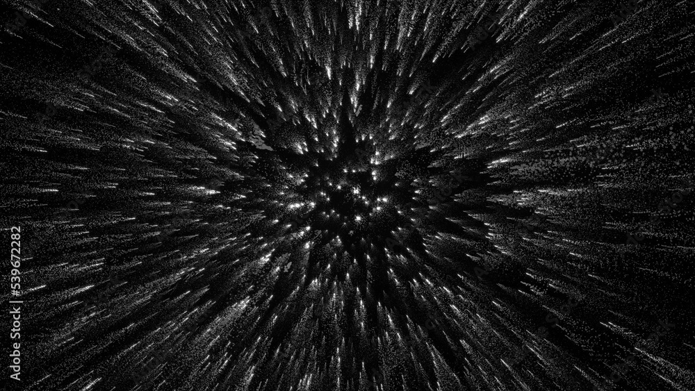 3D rendering of bright particles fill the space with jets of energy and light 3D rendering of bright particles fill the space with jets of energy and light