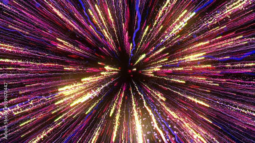 3D rendering of bright multi-colored particles fill the space with jets of energy and light 3D rendering of bright multi-colored particles fill the space with jets of energy and light
