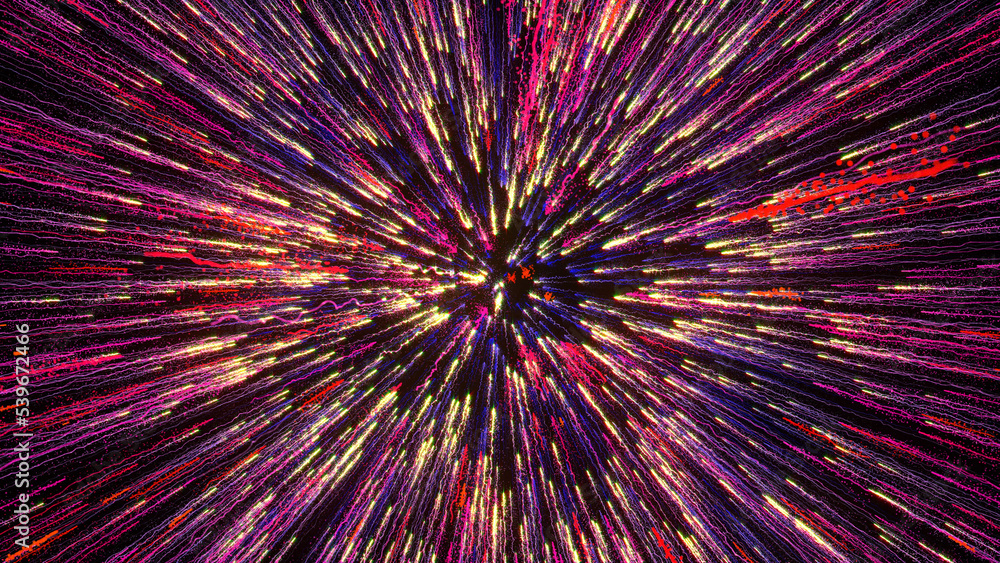 3D rendering of bright multi-colored particles fill the space with jets of energy and light 3D rendering of bright multi-colored particles fill the space with jets of energy and light