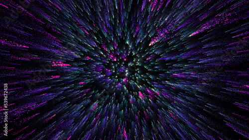 3D rendering of bright multi-colored particles fill the space with jets of energy and light © Vitaly