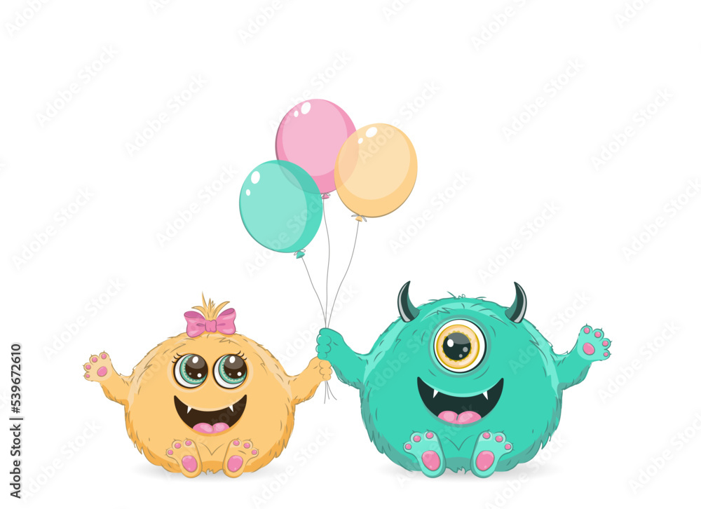 Vector illustration of two cute little monsters.Cartoon character.