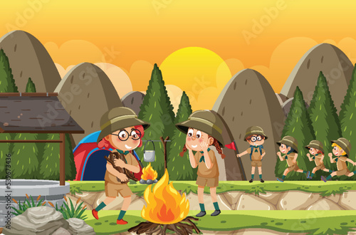 Children camping out forest scene