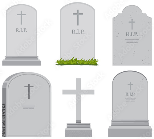 Set of different gravestones on white background