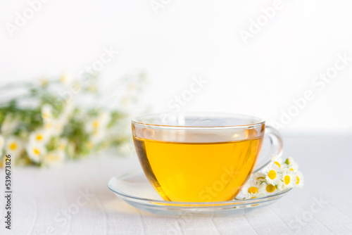 cup of herbal tea with chamomile flowers 