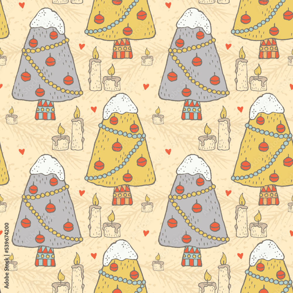 Christmas Trees and Festive decorations, Winter Holiday seamless pattern, vector background For fabrics, clothing, decoration, home decor, cards and templates, wrapping paper, kids prints.