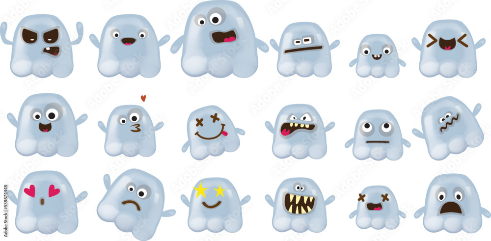 Fototapeta premium Set of cute funny grey ghosts isolated on white background. Ghost sticker collection with different faces and emotions. Vector Halloween design element and stickers set isolated