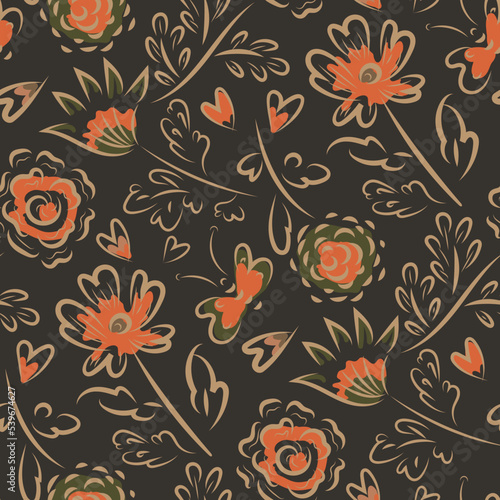 Boho wild meadow flower. butterfly, heart seamless vector pattern background. Scattered flowers,butterflies,hearts earthy color backdrop.Warm orange brown painterly fall botanical floral design.