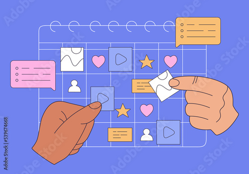 Content plan concept, internet marketing. Planning and promotion publication in networks and websites. Hand drawn vector illustration isolated on blue background, modern flat cartoon style