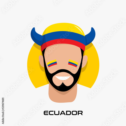 Vector Design illustration of collection of football fans smile faces with ecuador flag on caps.