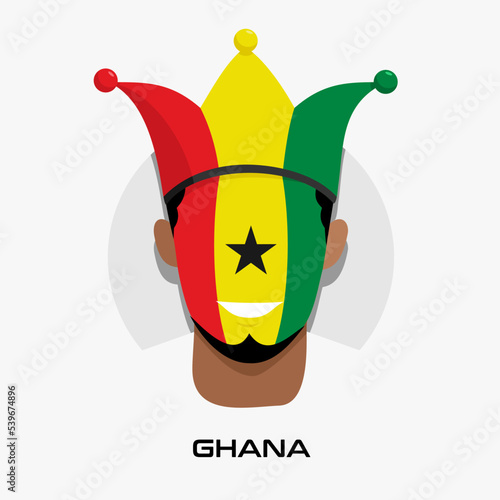 Vector Design illustration of collection of football fans smile faces with ghana flag on caps.
