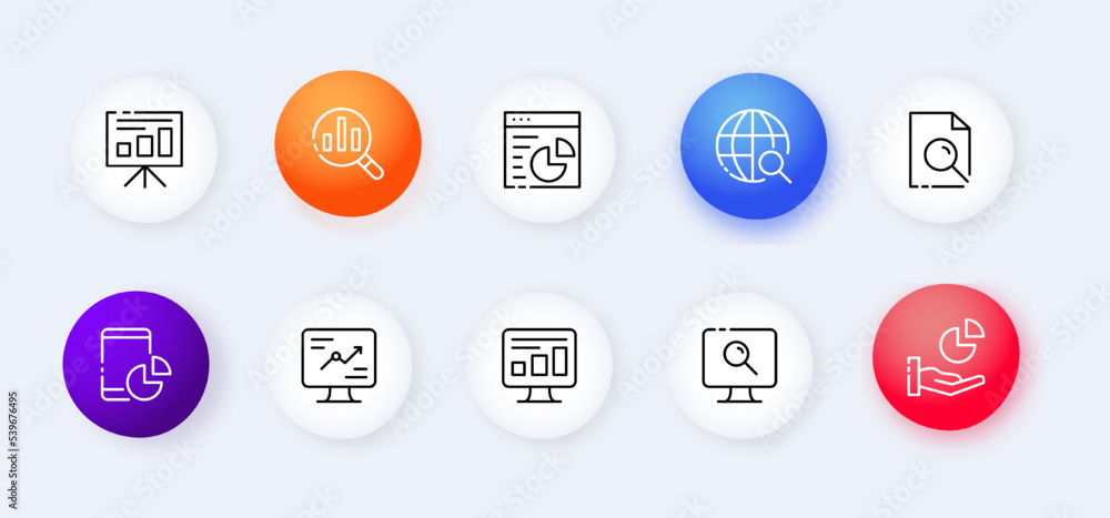 Working infographic set icon. Statistics, chart, diagram, document, gear, magnifying glass, website, settings. Analytics concept. Neomorphism style. Vector line icon for Business and Advertising