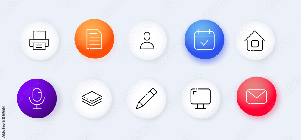 Office tool set icon. Fax, file, operator, calendar, house, microphone, documents, pen, monitor, mail. Office worker concept. Neomorphism style. Vector line icon for Business and Advertising Office tool set icon. Fax, file, operator, calendar, house, microphone, documents, pen, monitor, mail. Office worker concept. Neomorphism style. Vector line icon for Business and Advertising