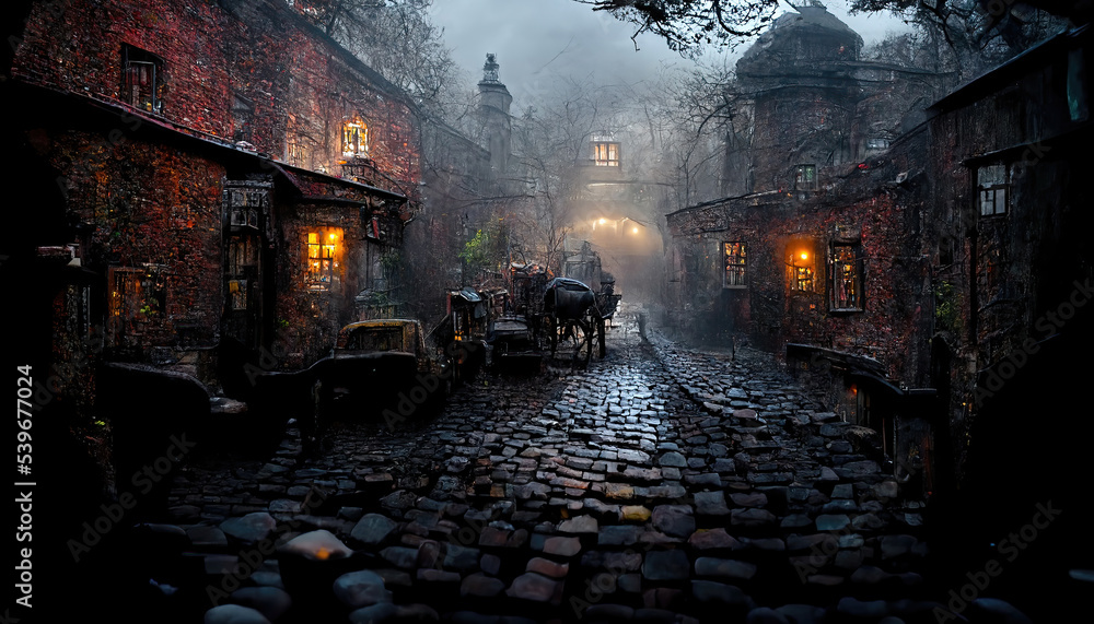 AI generated image of Victorian London on a moody evening with gaslights, fog and cobblestone