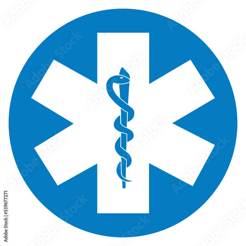 Medical symbol blue Rod of Asclepius Star of Life icon isolated on white background. First aid. Staff of Asclepius. Emergency symbol. Vector illustration.