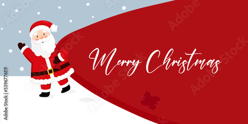 Santa Claus carries a bag of gifts. Merry Christmas and Happy Holidays greeting card, banner. Winter holiday.