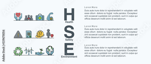 Banner Safety, Health, Environment . or HSE Concept . Is the responsibility or agency concerning occupational health, safety and environment within the factory. (illustration, vector).