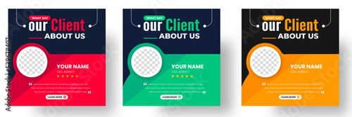Customer feedback testimonial social media post web banner template. client testimonials social media post banner design template with red, green and yellow color.