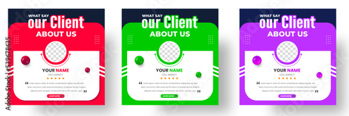 Customer feedback testimonial social media post web banner template. client testimonials social media post banner design template with red, green and purple color.