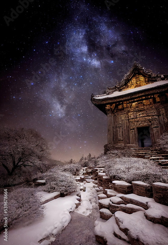 AI generated image of an old Hindu temple in the snow-covered Himalayas with the Milky way above  photo