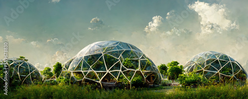 Futuristic geodesic dome ecological architecture with vegetation. Eco-friendly concepts. Eco-architecture. Modern city in future. Ai generated art illustration