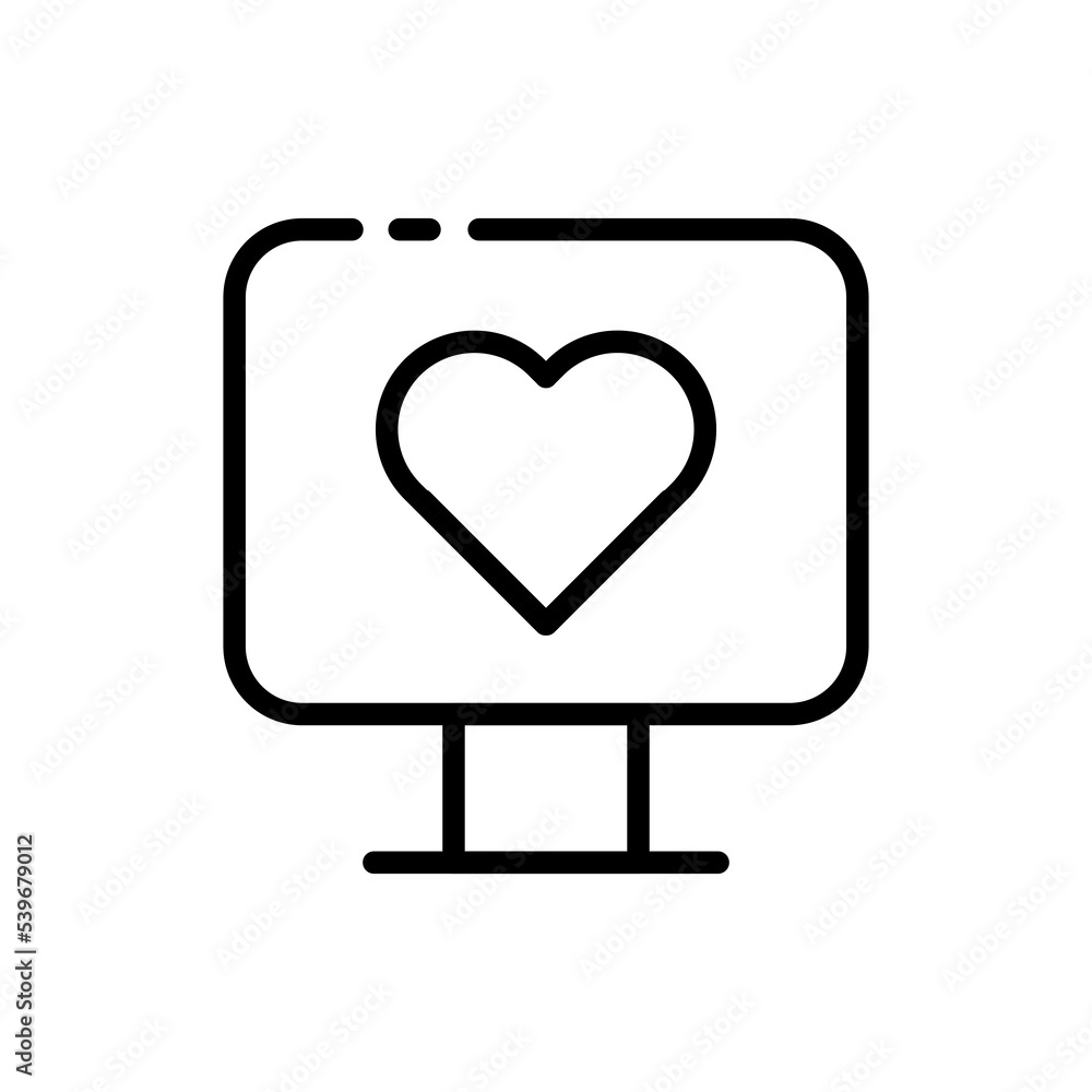 Monitor with heart line icon. Dating site, social networks, click, computer, online dating, love, couple. Sympathy concept. Vector black line icon on a white background Monitor with heart line icon. Dating site, social networks, click, computer, online dating, love, couple. Sympathy concept. Vector black line icon on a white background