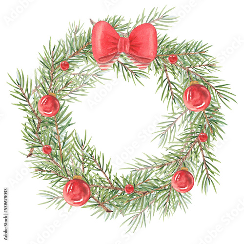 Watercolor wreath with Christmas tree branches on a white background. With Christmas tree toys and a bow. Red Christmas ball. Vintage frame made of twigs. Suitable for Christmas cards, print, design.