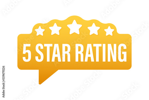 5 star rating. Badge with icons on white background. Vector illustration.