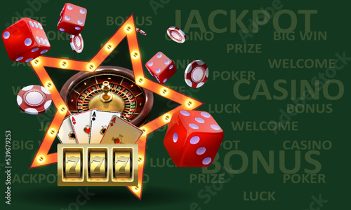 Web banner for casino. Casino Illustration with slot machine, casino Roulette, poker chips and playing cards.Game design, flyer, poster, banner, advertisement.