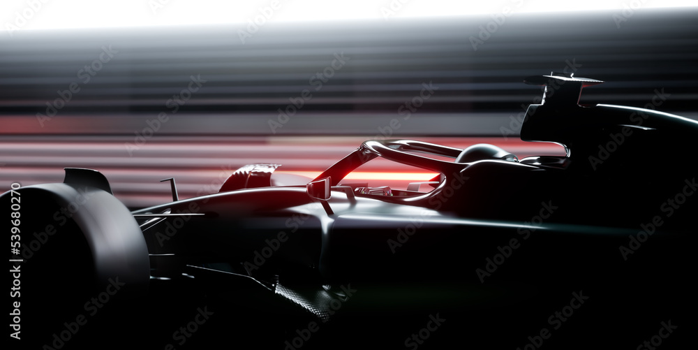 Obraz premium Modern generic sports racing car driving fast on a track with bright lights. Realistic 3d rendering