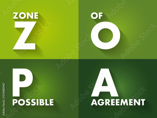 ZOPA Zone Of Possible Agreement - bargaining range in an area where two or more negotiating parties may find common ground, acronym text concept background photo