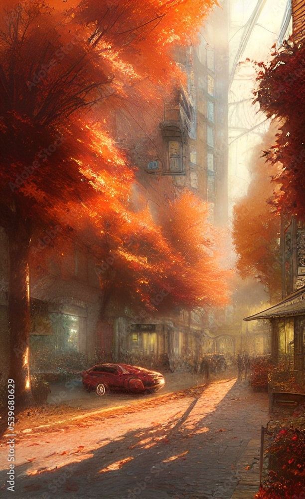 Drawing of the streets of the city in the fall. Autumn mood. 