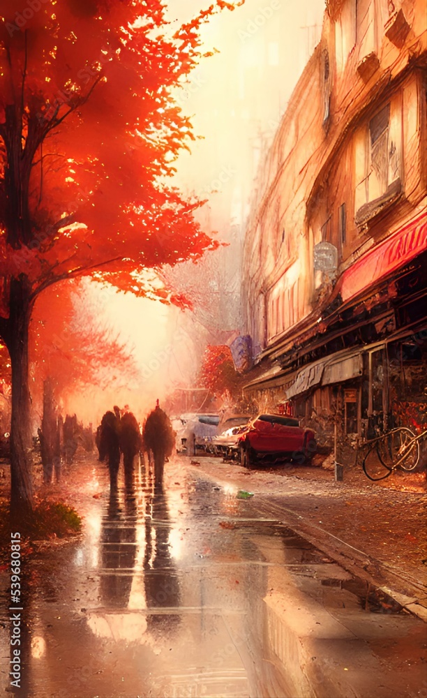 Obraz premium Drawing of the streets of the city in the fall. Autumn mood. 